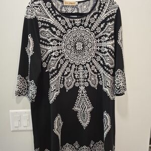 Impressions Black Tunic with White Medallion Print and Paisley Accents